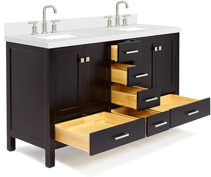 DKB Beckford 60" Espresso Double Bathroom Vanity with Sink, 1.5" Pure White Quartz Countertop, Center Rectangular Sinks, 4 Soft Closing Shaker Doors, 6 Dovetail Drawers
