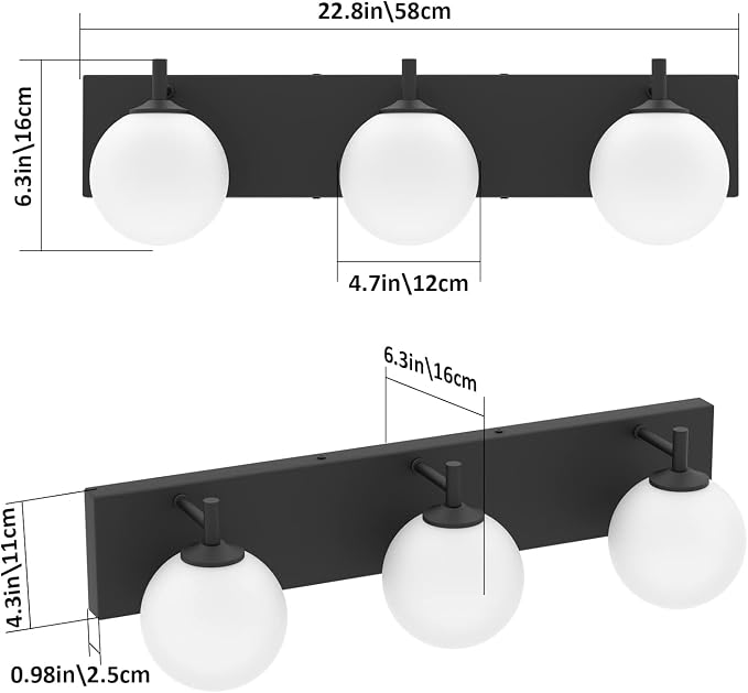 Aipsun Matte Black Vanity Light 3 Lights Modern Bathroom Light Fixture Over Mirror with Milky White Glass Shades, Black Wall Light for Bathroom (Exclude Bulb)