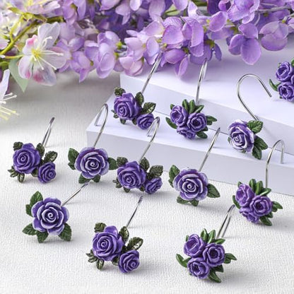 Amyhill 12 Pcs Purple Rose Shower Curtain Hooks Cute Purple Rose Decorative Curtain Rings Bulk Hanger Stainless Steel Resin Spring Flowers Themed Hooks for Bathroom Bedroom Living Room Home Decor