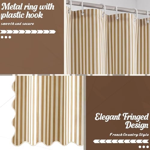 HunnmingRe Taupe Farmhouse Striped Shower Curtain Scalloped 72x72''