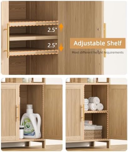 Keehusux Fluted Bathroom Storage Cabinet with 2 Doors & Shelf, Natural Oak