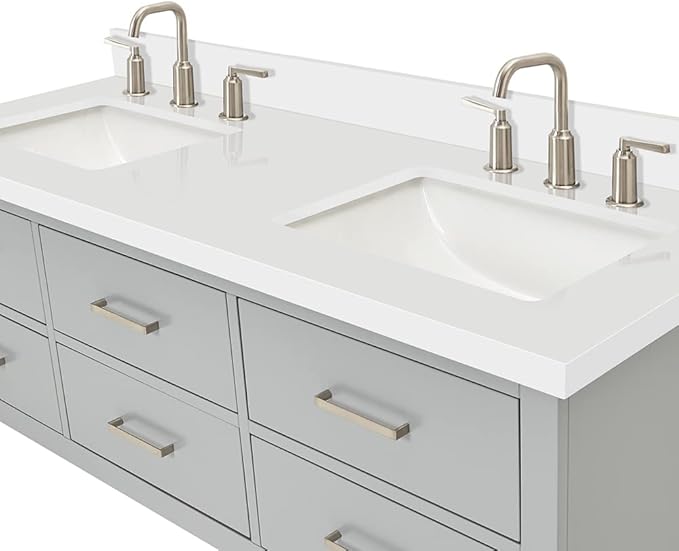 ARIEL Hutton 60-inch Bathroom Vanity with Sink,Solid Wood, 1.5-inch Pure White Quartz Countertop & Backsplash, Double Rectangular Porcelain Sink, 3 Dovetail Drawers, Grey