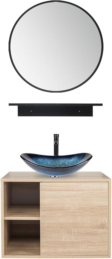 YOURLITE 24" Floating Bathroom Vanity, Wall-Mounted Bathroom Vanity and Sink Combo with Mirror and Faucet & Pop Up Drain Set Blue Glass Boat Bathroom Sink