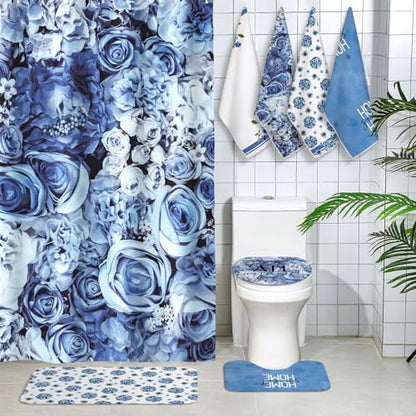 Honoson 8 Pcs Blue Floral Shower Curtain Bathroom Set with Rugs