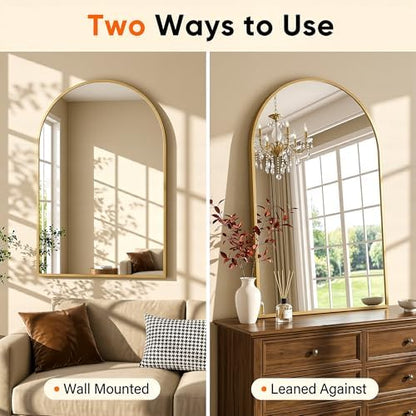 Antok Arched Bathroom Mirror, 24"x36" Wall Mounted Mirror, Vanity Mirrors for Over Sink, Aluminum Alloy Frame Bathroom Mirrors Living Room, Bedroom and Entryway, Gold