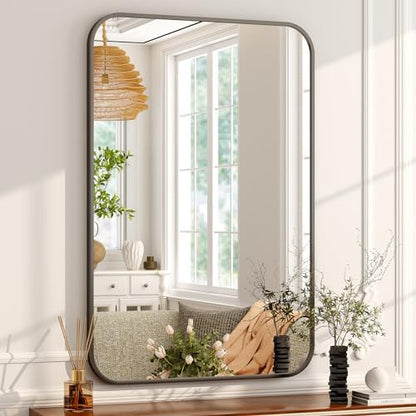 Easly 20 x 28 Inch Bathroom Mirror, Rounded Rectangular Vanity Mirror for Wall, Modern Mirror for Room Decor, Black Framed Wall-Mounted Mirrors for Home Decor, Hangs Horizontally or Vertically