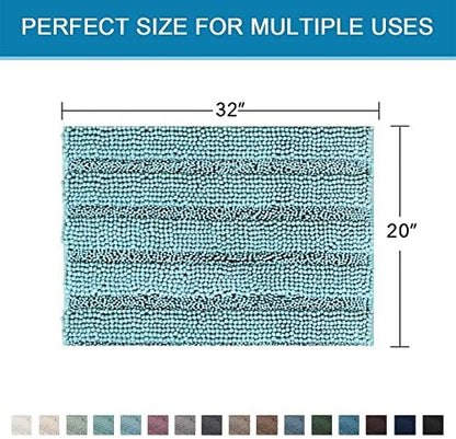 H.VERSAILTEX Bath Rugs for Bathroom Non Slip Bath Mats Extra Thick Chenille Striped Rug 20" x 32" Absorbent Non Skid Fluffy Soft Shaggy Washable Plush Mat for Indoor, Bath Room, Tub - Aqua Haze
