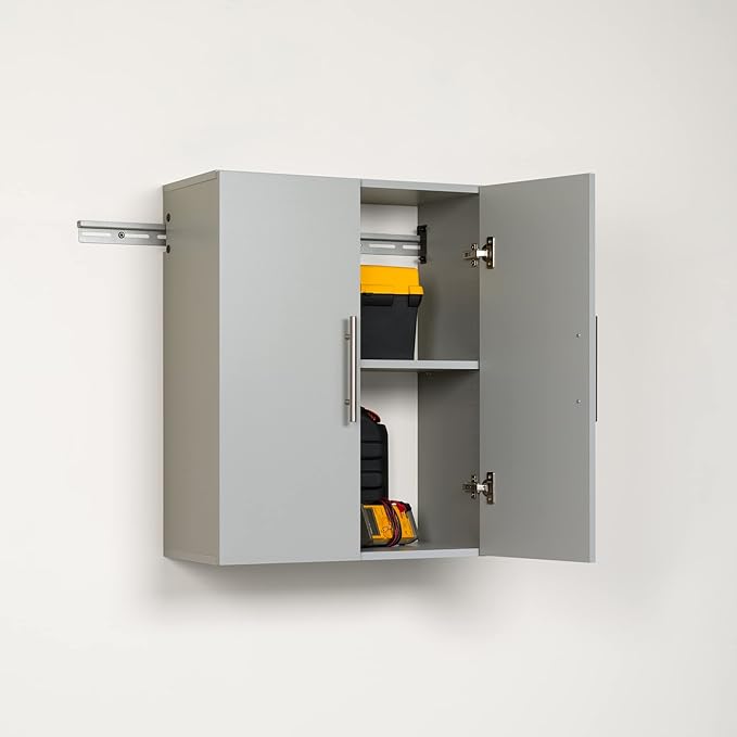 Prepac HangUps 24'' Upper Cabinet, Wall Hanging Storage Cupboard for Garage, Bathroom, Kitchen, Laundry Room Organization, Light Gray with Satin Nickel Handles