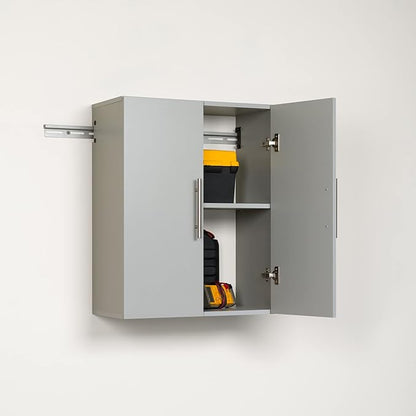 Prepac HangUps 24'' Upper Cabinet, Wall Hanging Storage Cupboard for Garage, Bathroom, Kitchen, Laundry Room Organization, Light Gray with Satin Nickel Handles