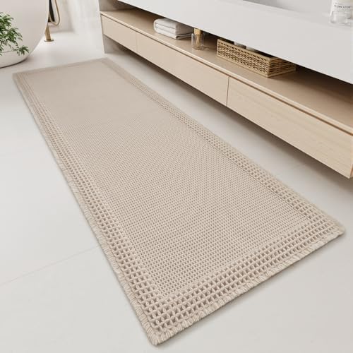 RESARE Waffle Bathroom Runner Rugs, Non Slip Boho Bath Mat 24x60 Pale Beige