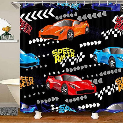 Feelyou Race Sports Car Shower Curtain Kids Extreme Sports Bath Curtain Cartoon Bathroom Shower Curtain Set for Stalls Colourful Bathtubs Cloth Fabric Bathroom Decor 72" Wx72 L