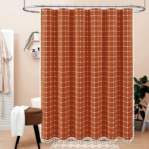BTTN 72x78 Boho Farmhouse Linen Heavy Duty Shower Curtain Set, Burnt Orange