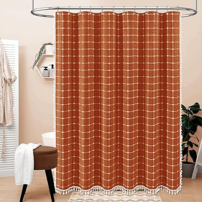 BTTN 72x78 Boho Farmhouse Linen Heavy Duty Shower Curtain Set, Burnt Orange