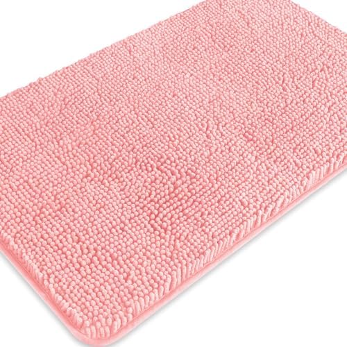 Pink Bathroom Rugs – Absorbent and Washable Bath Mat, Non-Slip, Thick Soft Chenille Bath Rugs for Bathroom Floor, Shower, Sink - 20" x 32"
