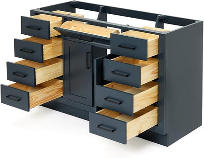 ARIEL Hepburn 54-inch Bathroom Vanity Base Cabinet,Solid Wood, 2 Soft Closing Doors, 9 Dovetail Drawers, Midnight Blue