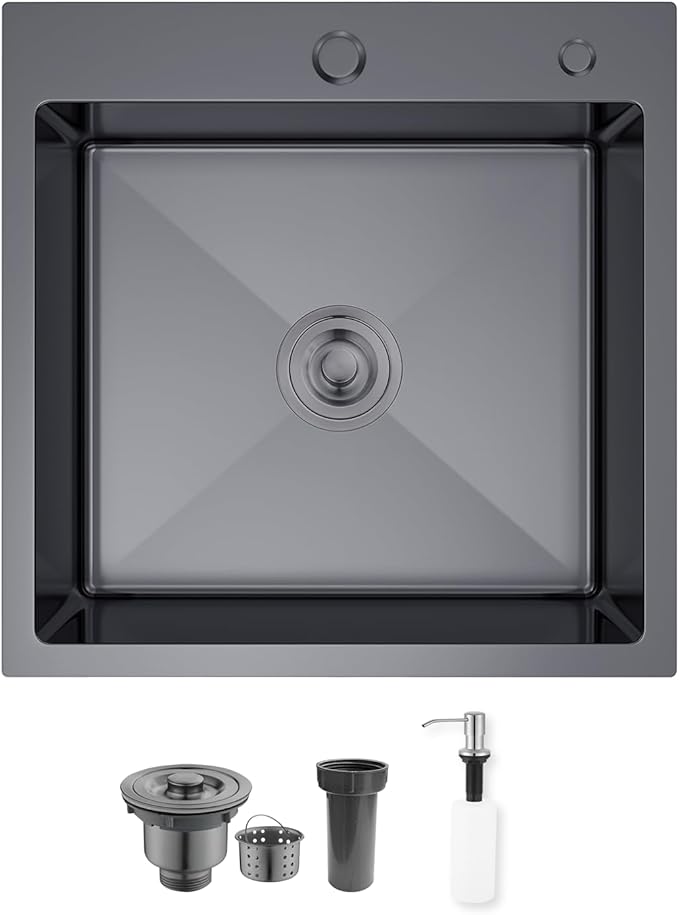 15 inch Drop In Bar Sink, 15x15" Single Bowl Topmount Stainless Steel Handmade 16 Gauge Top Counter for Wet Bar RV Outdoor Small Kitchen Sink Basin Black