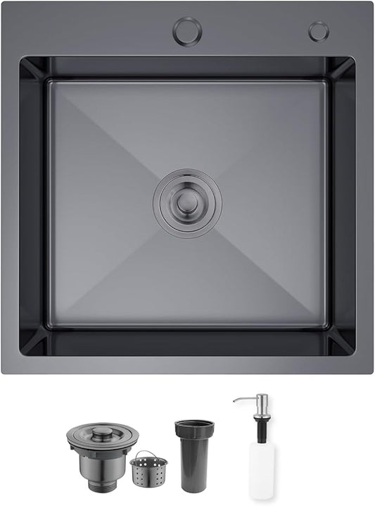 15 inch Drop In Bar Sink, 15x15" Single Bowl Topmount Stainless Steel Handmade 16 Gauge Top Counter for Wet Bar RV Outdoor Small Kitchen Sink Basin Black