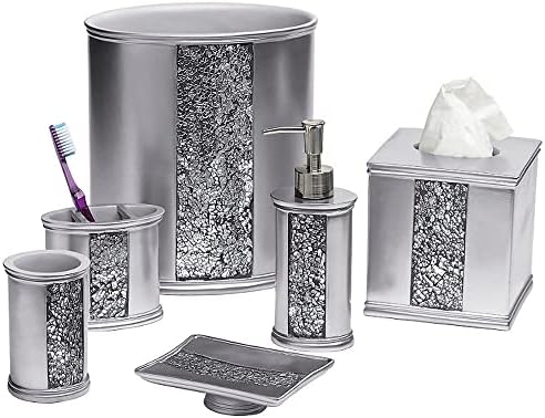 Zahari Home 4pc Sinatra Stylish Bathroom Accessories Set Liquid Soap Dispenser, Tumbler, Tooth Brush Holder and Soap Dish Modern Classic Luxury Decor Bling Mosaic Glass Silver Bathroom Accessories