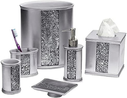 Zahari Home 4pc Sinatra Stylish Bathroom Accessories Set Liquid Soap Dispenser, Tumbler, Tooth Brush Holder and Soap Dish Modern Classic Luxury Decor Bling Mosaic Glass Silver Bathroom Accessories