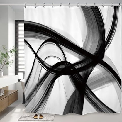Abstract Modern Black White Shower Curtain 60Wx72L Inch Neutral Minimalist Contemporary Art Simple 3D Bathroom Set Accessories Decor with 12 Pack Hooks