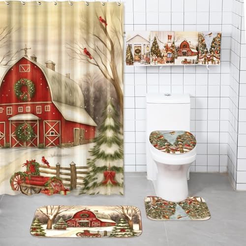 FuWeave 8 Pcs Christmas Shower Curtain Set for Bathroom Decor