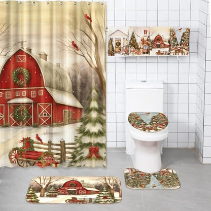 FuWeave 8 Pcs Christmas Shower Curtain Set for Bathroom Decor