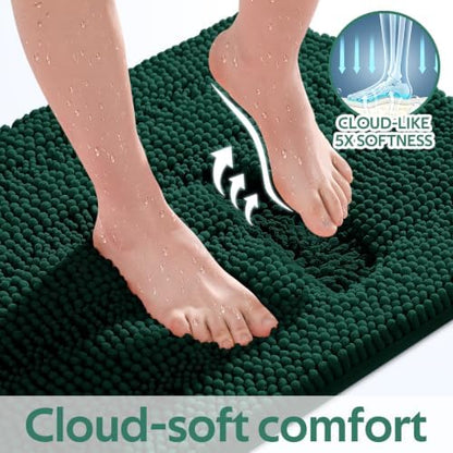 Christmas Striped Deep Green Bathroom Rug Mat Set 2 piece 32"x20"+24"x17" Ultra Soft, Non Slip Chenille Bath Rugs, Absorbent Plush Shaggy Bath Mats for Bathroom, Bedroom, Kitchen, Shower, Tub