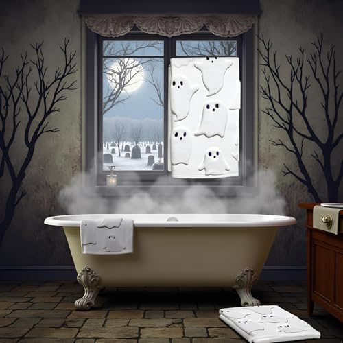 2 Pack Halloween Hand Towels 100% Cotton Jacquard Ghost Halloween Kitchen Towels White Bathroom Towels Set Seasonal Bathroom Decor (White Ghost, Halloween)