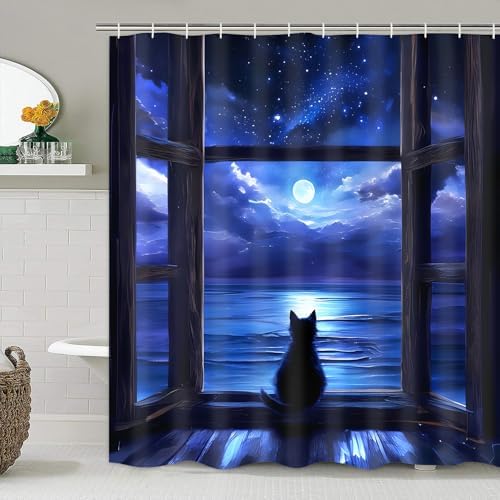 Yddsky 4Pcs Night Cat Bathroom Shower Curtain Sets for Bathtub,72x72 Inch