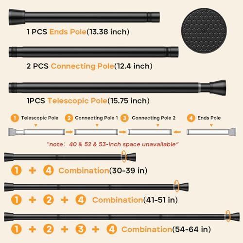 2 Pack Adjustable Tension Rods 30-64 Inch - Black