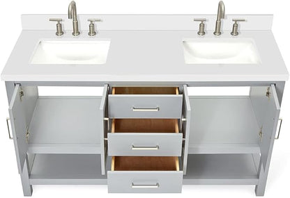 DKB Olivia 60" Grey Double Bathroom Vanity, 1.5" Edge Pure White Quartz Countertop, Rectangular Undermount Sinks, 4 Soft Closing Doors, 3 Full Extension Dovetail Drawers, Open Shelf