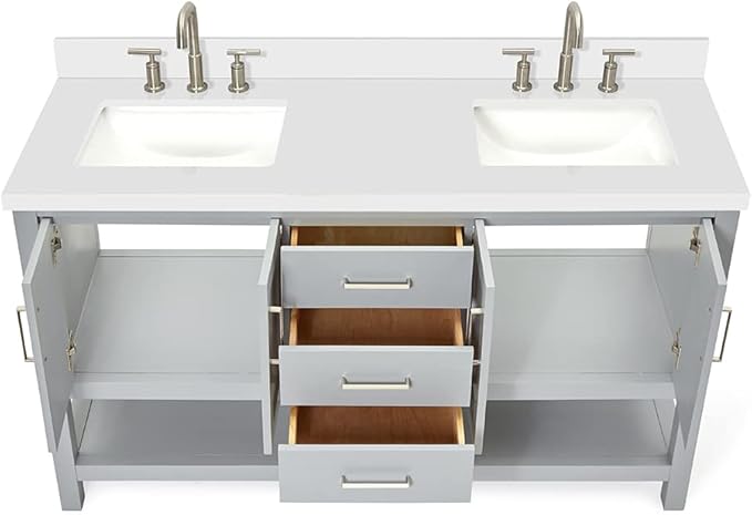 ARIEL Magnolia 60-inch Bathroom Vanity with Sink,Solid Wood, 1.5-inch Pure White Quartz Countertop & Backsplash, Double Rectangular Porcelain Sink, 4 Soft Closing Doors, 3 Dovetail Drawers, Grey