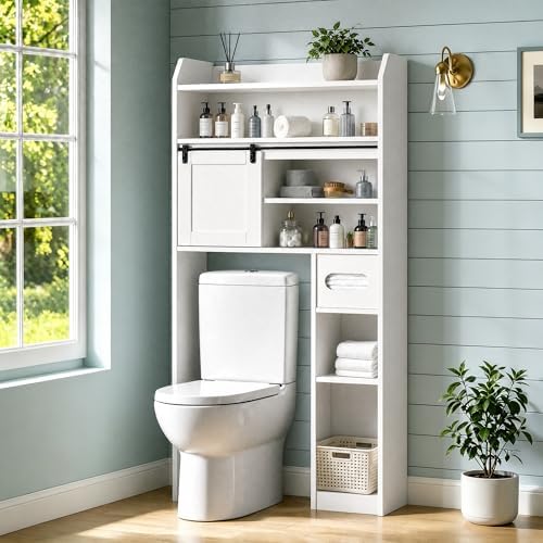 VECELO Over The Toilet Storage Cabinet with Sliding Doors, 63.8" Toilet Organizer with Adjustable Shelves, Paper Holder and Racks, for Bathroom Laundry, White