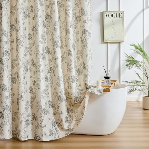 Warmstar Farmhouse Shower Curtain,Grey Floral Shower Curtain for Bathroom Linen Look Vintage Shower Curtain with Weighted Hem,72" W x 78" L