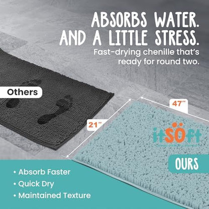 ITSOFT Large Plush Bathroom Rug 47"x21", Absorbent Machine Washable Non Slip Chenille Bath Mats, Quick Dry Bathmat, Bath Rugs for Bath, Shower, Bedroom, Door Mat, Spa Blue