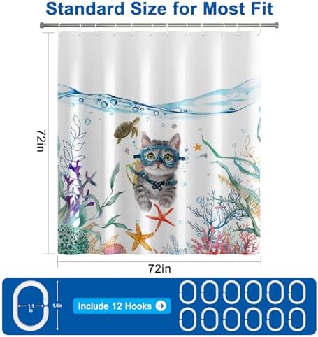 Ocean Theme Waterproof Fabric Shower Curtain with Weighted Hem, Funny Diving Cat Cute Shower Curtain with 12 Hooks and Grommets, Machine Washable Bathroom Shower Curtains, 72x72 Inches