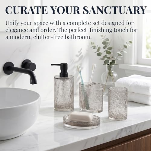 RQYIXI Resin 4-Piece Bathroom Accessories Set, Silver Crackle, Shatterproof