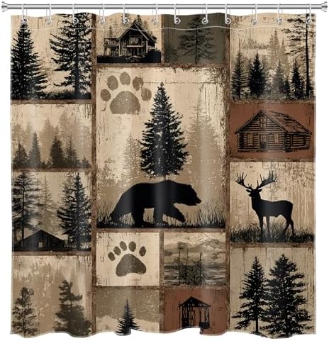 Rustic Cabin Patchwork Shower Curtain for Bathroom, Wild Animal Bear and Deer Brown Vintage Plaid Woodland Lodge Shower Curtain Country Bathroom Decor Accessories with Hooks, 72W X 78L inches