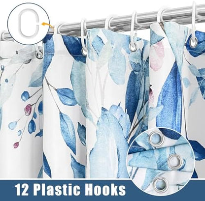 Eucalyptus Shower Curtain, Aesthetic Art Watercolor Plant Leaves with Floral Bathroom Decor, Waterproof Fabric Cloth Bath Curtain Set with Hooks (Blue, 72" W x 72" L)