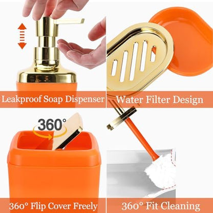 XLHOMO Orange Bathroom Accessories, Bathroom Sets with Stripe Shower Curtain, Orange and Gold Bathroom Accessories Set with Trash Can, Soap Dispenser, Soap Dish, Qtip Holders for Bathroom