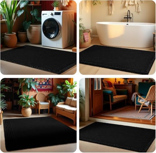 Upgrade Waffle Bath Mat, Boho Bathroom Rugs Absorbent Non Slip, Ultra Soft Bathroom Mat, Machine Washable Knit Bath Rugs with Tassels for Bathroom, Bedroom, Kitchen, Shower, Tub, Black, 36"x24"