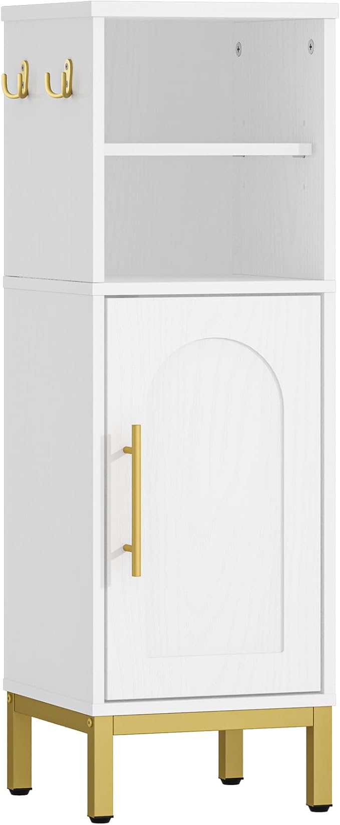Bathroom Storage Cabinet, Corner Floor Cabinet with Door & Shelves, 2Hooks, Small Narrow Storage Organizer, Toilet Paper Cabinets for Small Space, White SC06313G