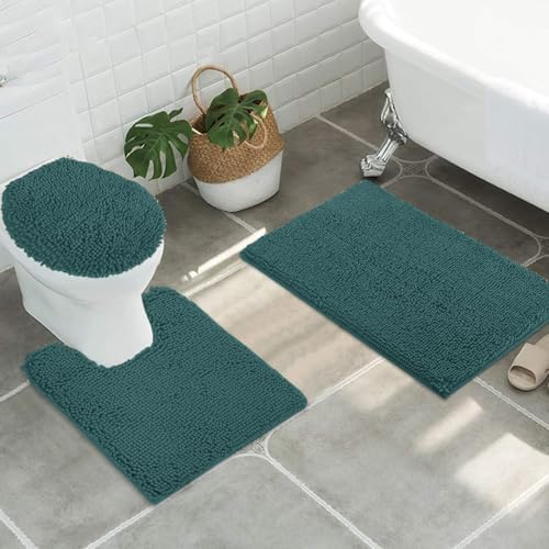 Standard 3pc Set Chenille Bath Mats, Includes 21"x24" U-Shaped Contour Toilet Rug, 21"x34" Inches Bathmat and 1 Toilet Lid Cover, Plush Absorbent Bath Mats Quick Dry, Teal