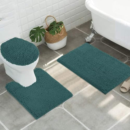 Standard 3pc Set Chenille Bath Mats, Includes 21"x24" U-Shaped Contour Toilet Rug, 21"x34" Inches Bathmat and 1 Toilet Lid Cover, Plush Absorbent Bath Mats Quick Dry, Teal