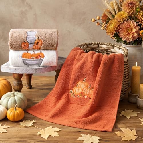 FuWeave 3 Pcs Brown Orange Fall Pumpkin Hand Towels for Bathroom