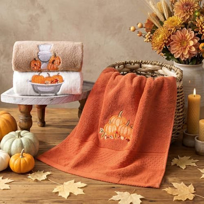 FuWeave 3 Pcs Brown Orange Fall Pumpkin Hand Towels for Bathroom
