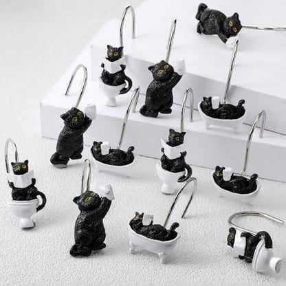 Roowest 12 Pcs Black Cat Shower Curtain Hooks, Stainless Steel Farmhouse