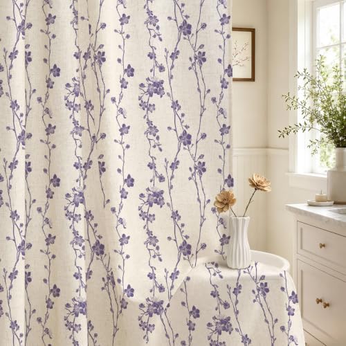 Gibelle Purple Farmhouse Linen Shower Curtain, Boho Floral Fabric, 72 x 84