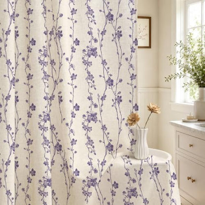 Gibelle Purple Farmhouse Linen Shower Curtain, Boho Floral Fabric, 72 x 84