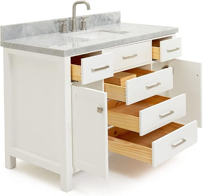 Alenza 48" White Bathroom Vanity with Sink, 1.5" Edge Italian Carrara Marble Countertop, Rectangular Undermount Sink, 2 Soft Closing Doors, 5 Dovetail Drawers